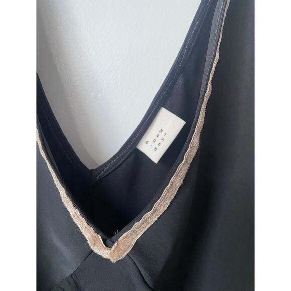 A New Day Slip Dress M/L Black Velvet Trim Quiet Luxury Minimalist Boho Grunge - Picture 4 of 9